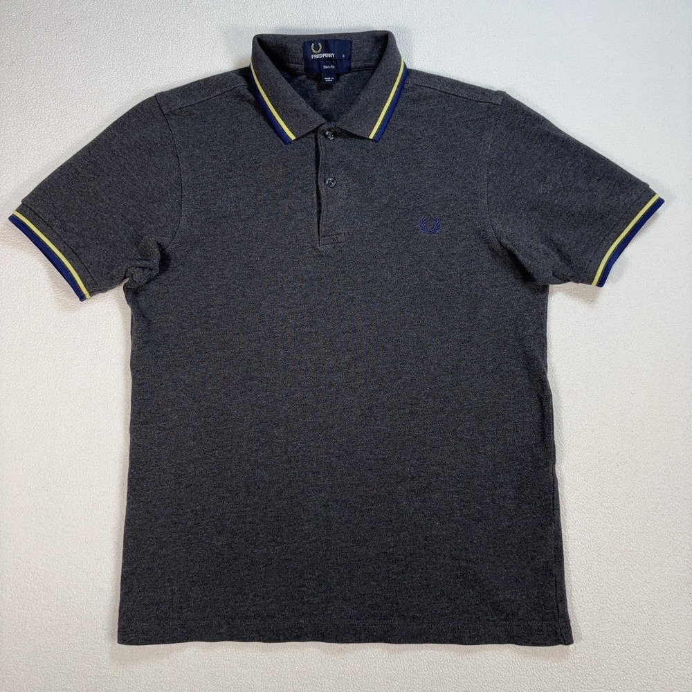 Fred Perry Slim Fit Polo Men's S Gray Blue Yellow Stripe Trim Embroidered Logo